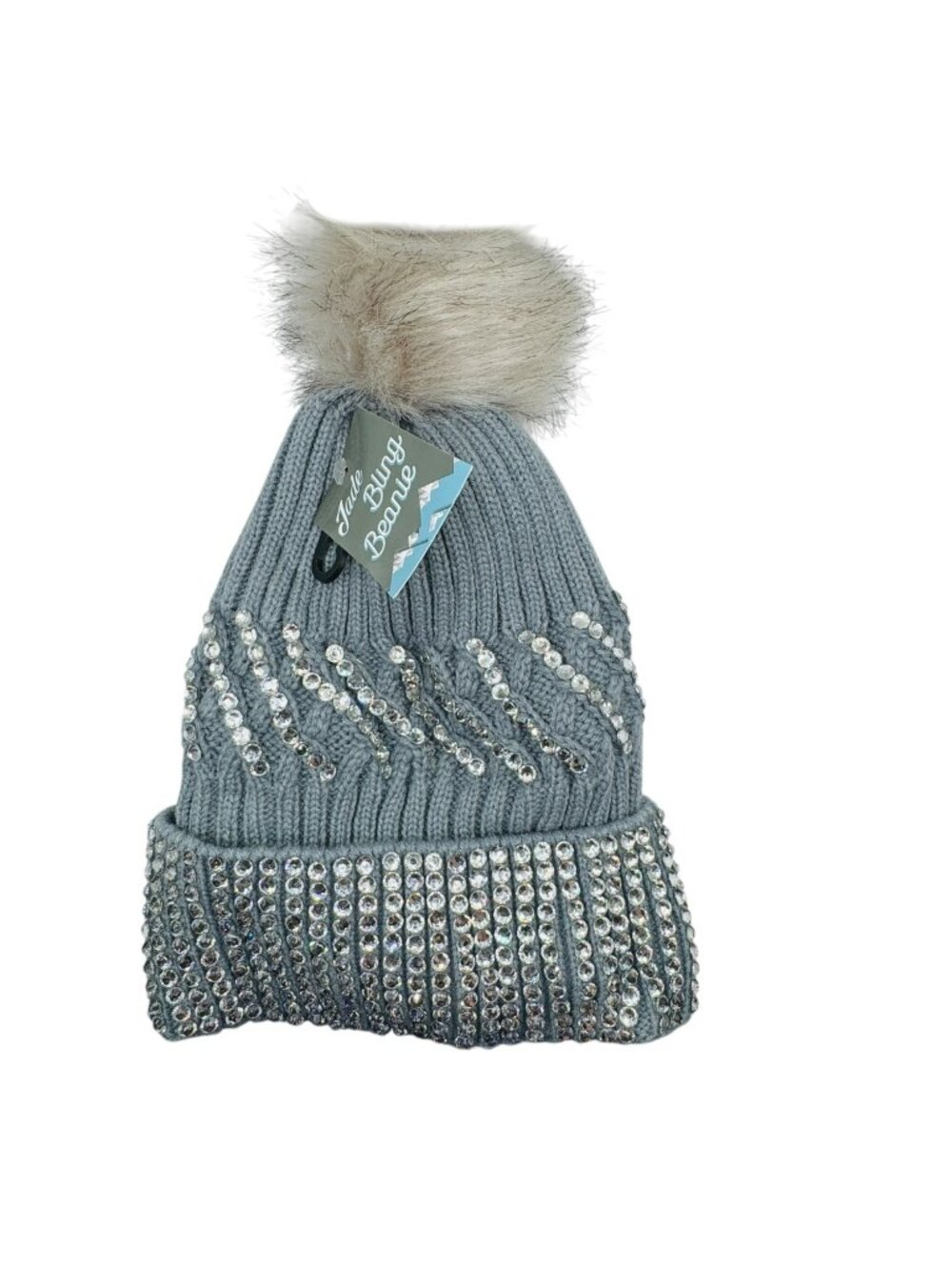 Jade Bling Gray Rhinestone Beanie With Faux Fur Pom & Fleece Lining - Gray